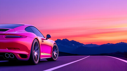 Pink sports car driving on a mountain road at sunset