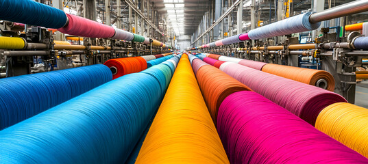 A vast textile manufacturing plant producing rolls of colorful fabric