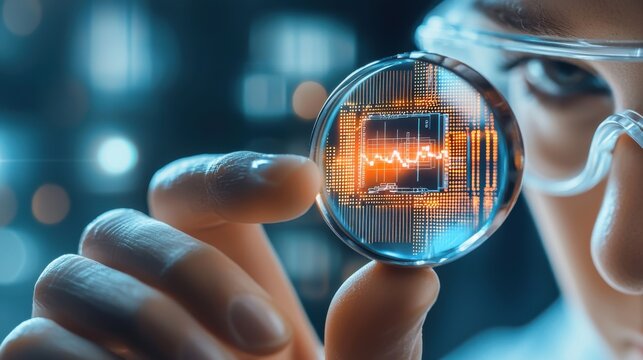 Scientist examining a bio nanosensor chip under a digital magnifier, close up of fingers, extreme detail, futuristic biotech