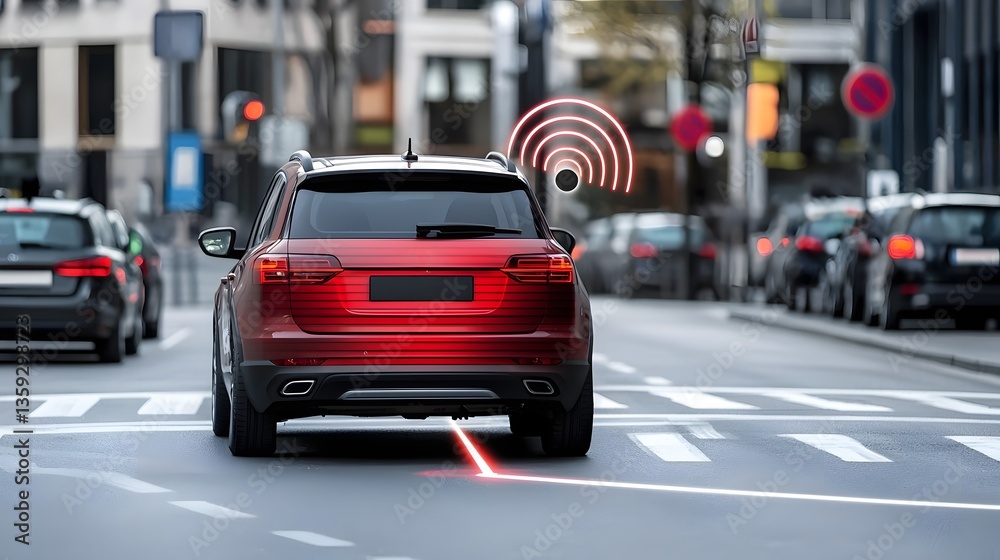 Poster A red SUV activates its radar based collision prevention system applying emergency braking to avoid a potential accident in a busy urban intersection