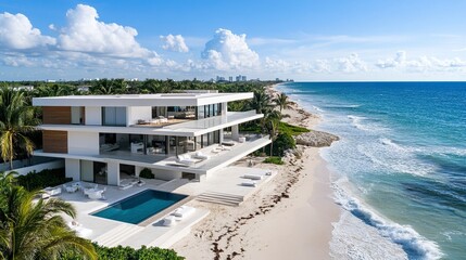 Fototapeta premium Sleek beachfront villa in white, expansive terraces facing the ocean, clean minimalist design, soft waves lapping the shore, warm sunlight casting gentle shadows. 