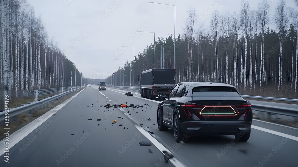 Fototapete A self driving electric vehicle equipped with advanced lidar sensors navigating safely through a wintry landscape detecting and avoiding road debris in real time without the need for human oversight