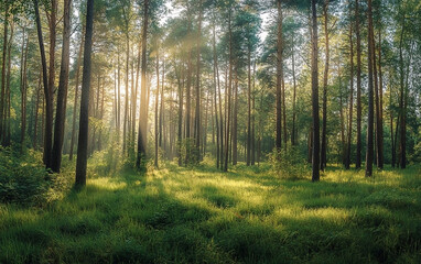 Sunlight filters through a serene forest with tall trees and lush green grass creating a peaceful scene