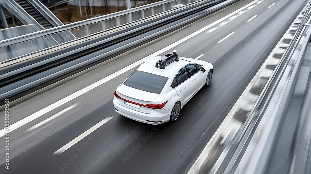 Aufkleber a sleek white electric vehicle autonomously traveling along the highway utilizing advanced sensors a