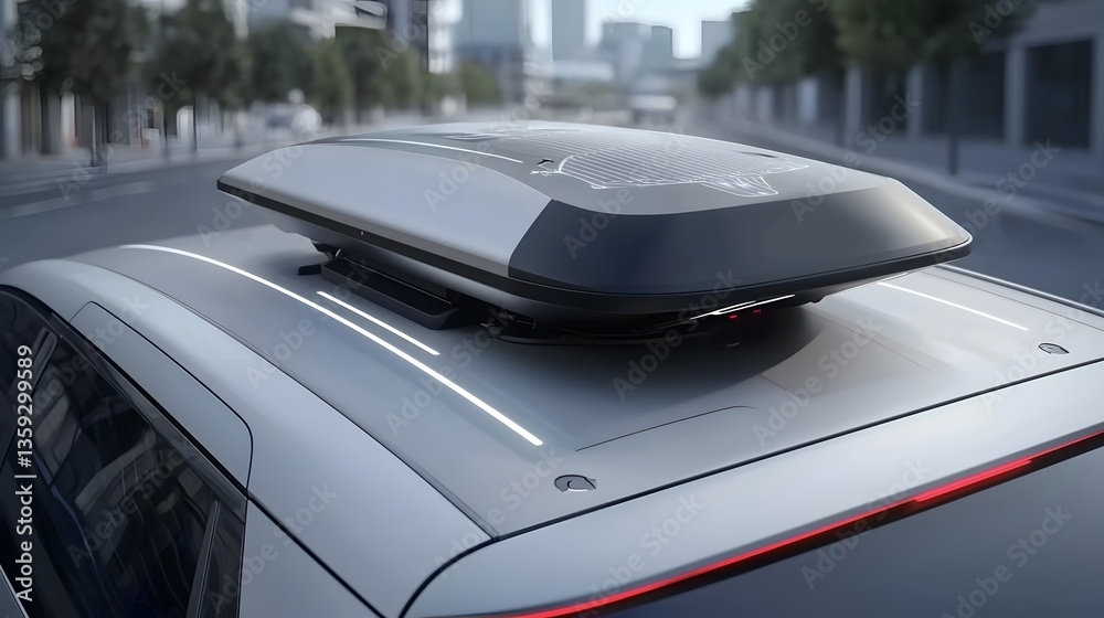 Fototapete a sophisticated and minimalist lidar sensor module mounted on the roof of a modern eco friendly elec