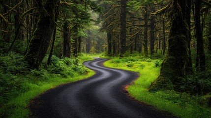 Obraz premium A winding paved road passes through a lush green forest environment