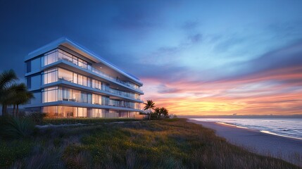 Obraz premium Sleek oceanfront condo featuring floor-to-ceiling glass windows, a large balcony with panoramic ocean views, vibrant sunset tones lighting the scene, tranquil coastal elegance 