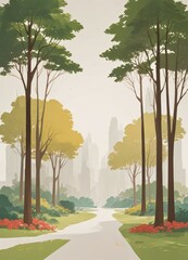 Obraz premium A serene landscape featuring a pathway meandering between lush greenery and tall trees, with a distant cityscape in the background.