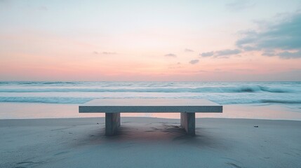 Fototapeta premium Smooth concrete table placed on untouched beach sand, soft pastel horizon blending with calm ocean waves, twilight ambiance 