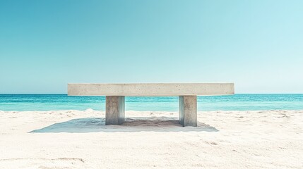 Fototapeta premium Solid concrete table resting on warm beach sand, crystal-clear ocean backdrop, vibrant blue sky overhead 