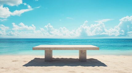 Fototapeta premium Solid concrete table resting on warm beach sand, crystal-clear ocean backdrop, vibrant blue sky overhead 