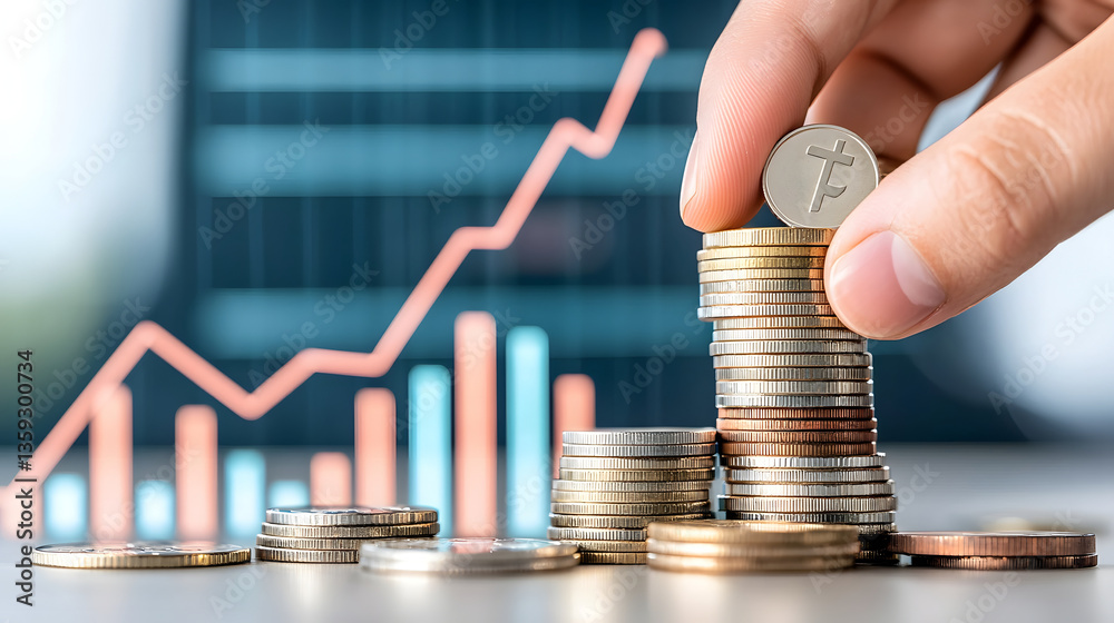 Aufkleber a hand carefully stacking golden coins on top of each other with a growing financial chart or graph 