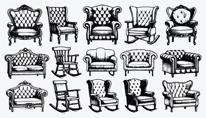 Collection of different vintage chair illustrations, highlighting the design and style of classic furniture pieces in a detailed monochrome art style