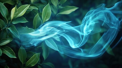 Obraz premium Green leaves and ethereal blue smoke form a beautiful composition