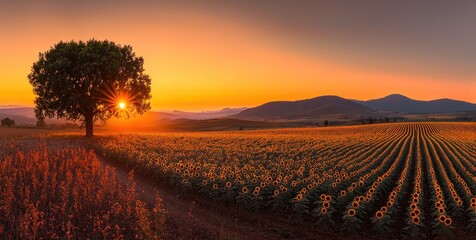 A glorious sunset over a vast field of sunflowers and hills