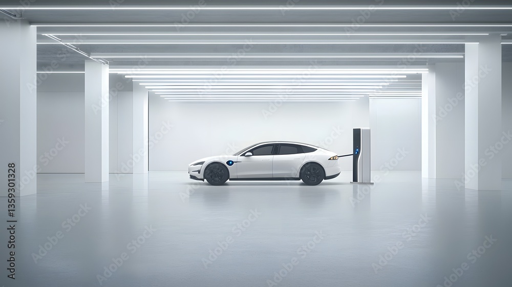 Poster An electric vehicle autonomously parking itself in a fully automated sensor guided underground smart garage with a sleek minimalist design and advanced charging capabilities