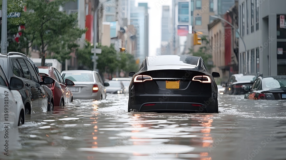 Aufkleber an electric vehicle carefully navigates a flooded urban street its advanced sensors and lidar system