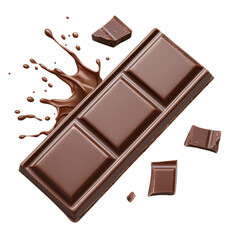 Chocolate bar with splash and pieces on transparent background. Sweet dessert concept.