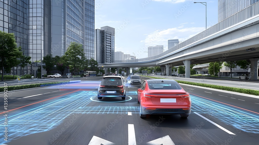 Poster Autonomous vehicles equipped with advanced lidar sensors navigating and parking independently on the streets of a modern high rise urban landscape