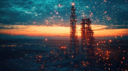 Industrial Sunrise: An artistic shot of an industrial landscape at dawn, the towering structures are silhouetted against the vibrant hues of the sunrise.