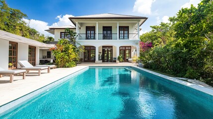 Fototapeta premium Spacious holiday villa, turquoise pool at the forefront, modern white facade with large windows, lush surroundings 