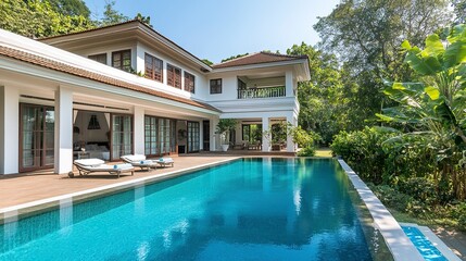 Fototapeta premium Spacious holiday villa, turquoise pool at the forefront, modern white facade with large windows, lush surroundings 