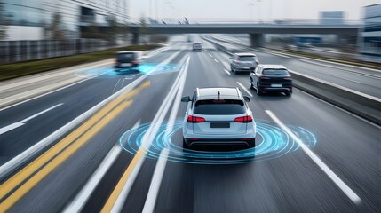 Futuristic scene of autonomous electric vehicles seamlessly navigating a highway while communicating with intelligent road infrastructure for enhanced safety and efficiency