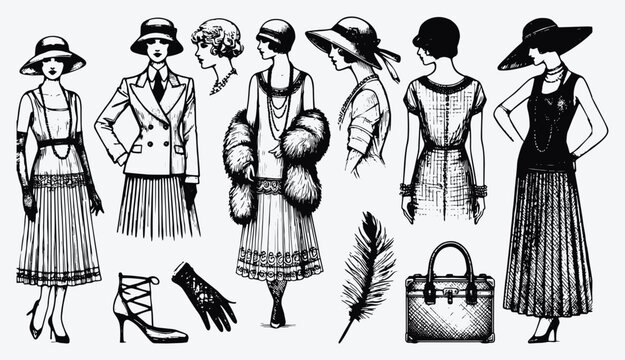 Elegant flapper girls and accessories in vintage line art illustration showcasing classic style and grace, transporting viewers to a bygone era of glamour