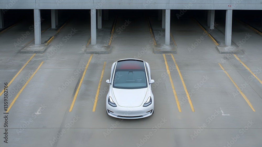 Poster overhead view of an electric vehicle ev scanning an expansive empty underground parking lot for an a