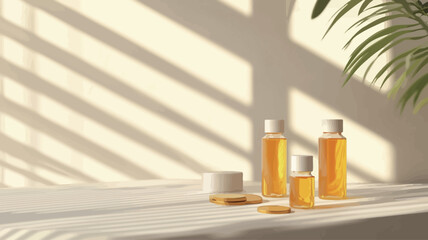 The image shows three amber glass bottles of varying sizes containing a golden liquid, likely skincare products.  They are arranged on a white surface, possibly a table or shelf, draped with a