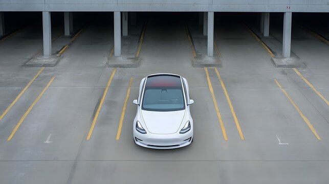 Overhead view of an electric vehicle EV scanning an expansive empty underground parking lot for an available spot among the parallel rows of yellow line markings