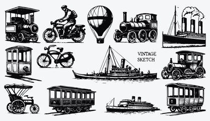 Vintage transportation sketch: a collection of hand-drawn illustrations of classic vehicles and transport modes, evoking nostalgia and historical charm.
