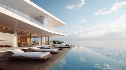 Fototapeta premium Stunning beach hotel, sleek white architecture with a glassy pool, sunbeds on a sunlit wooden deck overlooking the ocean, serene tropical vibe 
