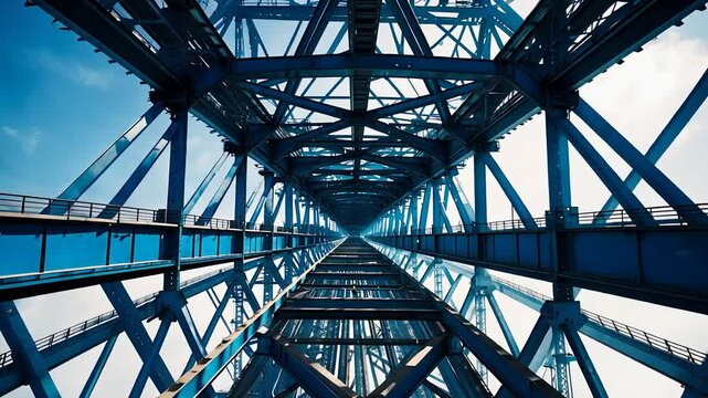 Symmetrical steel bridge structure viewed from below with geometric beams and sky background in bright daylight

