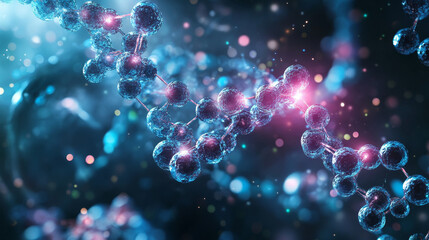 Molecule 3D illustration. Computer simulation and laboratory experiments. Decoding genome. Virtual modeling of chemical processes. Hi-tech in medicine