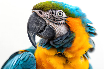 Naklejka premium Close-up of a vibrant male macaw parrot showcasing its colorful feathers and striking facial features.