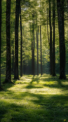 Obraz premium Sunlight filters through tall trees in a tranquil green forest landscape creating shadows on the grass