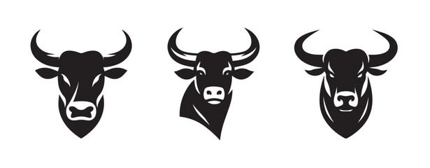 Bull head horn silhouette logo icon isolated on white background, bundle set