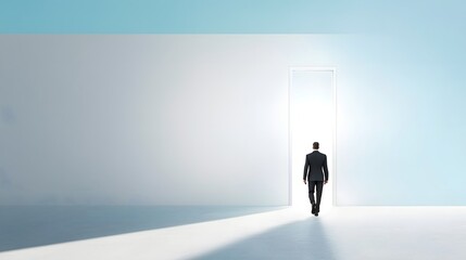 Fototapeta premium A businessperson silhouetted at the entrance of a bright minimalist doorway representing the transition into a new uncharted future