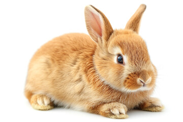 Obraz premium A cute, fluffy orange rabbit sitting softly on a white background.