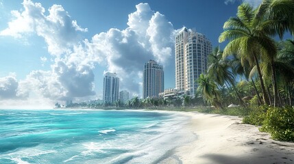 Obraz premium Stunning high-rise luxury buildings soaring above a pristine beach, turquoise waves gently lapping the shore, palm trees swaying in the warm breeze, midday sunlight illuminating the scene.