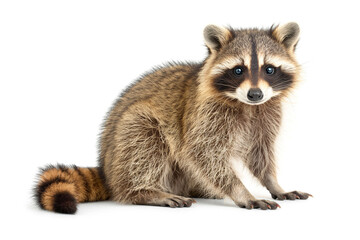 A cute raccoon with distinctive facial markings, sitting upright on a white background, showcasing its bushy tail and curious expression.
