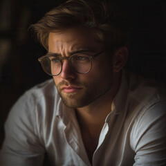 Obraz premium Contemplative portrait of a young man with glasses indoor setting emotional expression dim lighting close-up perspective