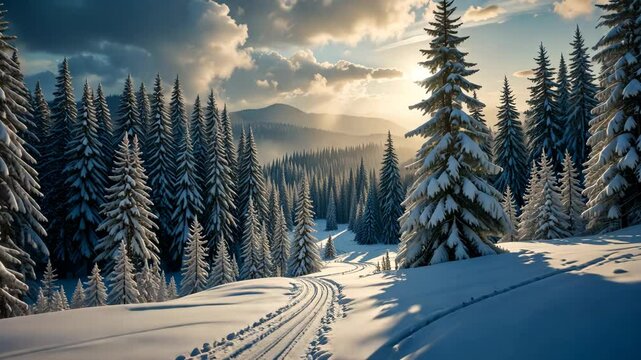 Snow Covered Winter Forest with Ski Tracks Leading Towards Sunlight and Mountains in the Background