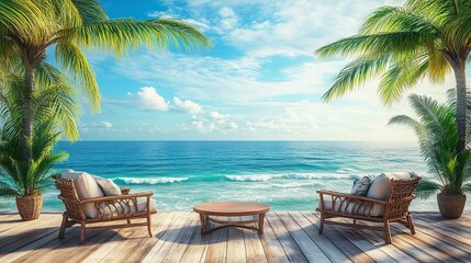 Stunning seaside patio, spacious setup with cozy seating, turquoise waves stretching to horizon, palm trees swaying lightly, vibrant tropical sunlight 