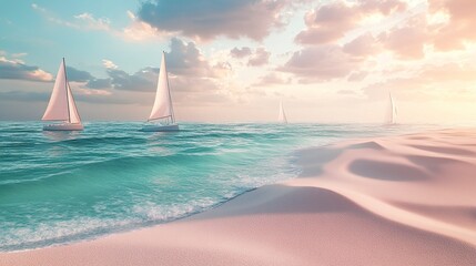 Fototapeta premium Stunning tropical beach with soft dunes and a turquoise sea, white sails dotting the ocean under pastel skies, warm light highlighting the serene beauty 