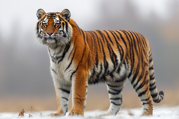 Obraz premium A majestic Bengal tiger stands confidently in a snowy landscape, showcasing its vibrant orange and black stripes.