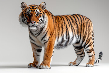 Naklejka premium A majestic adult Bengal tiger stands poised, showcasing its striking orange and black stripes against a neutral backdrop.