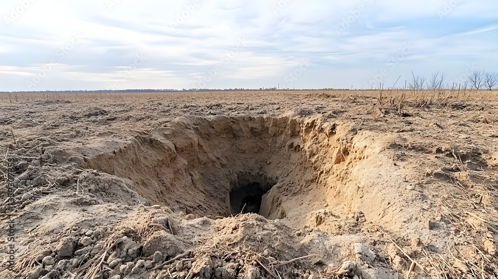 Poster a deep circular excavation in an arid sandy landscape suggesting the presence of subsurface cavities