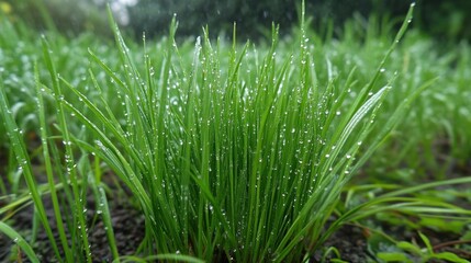 Fresh green grass blades are glistening with small water droplets